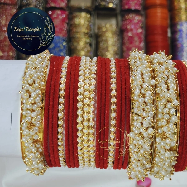 Traditional Velvet Chuda Bangles Set With Pearl Kada - Red, 2-6