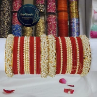 Traditional Velvet Chuda Bangles Set With Pearl Kada - Red, 2-6