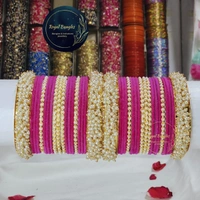 Traditional Velvet Chuda Bangles Set With Pearl Kada - Pink, 2.2