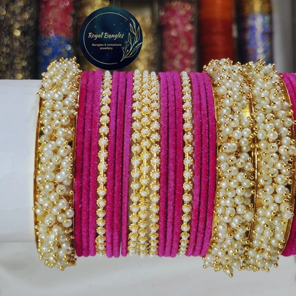Traditional Velvet Chuda Bangles Set With Pearl Kada - Pink, 2.6