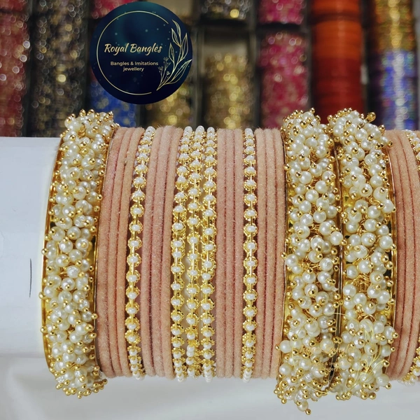 Traditional Velvet Chuda Bangles Set With Pearl Kada - Peache, 2.4