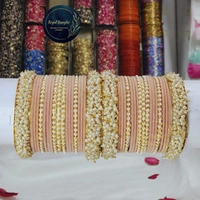 Traditional Velvet Chuda Bangles Set With Pearl Kada - Peache, 2.6