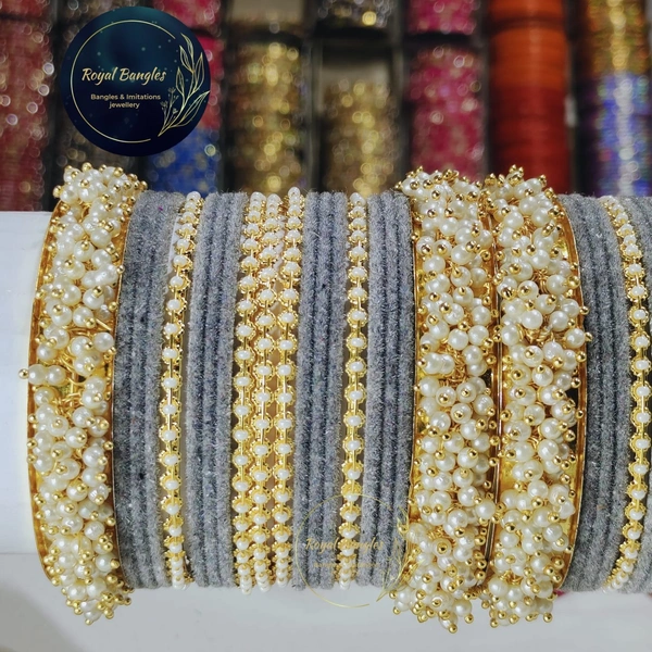 Traditional Velvet Chuda Bangles Set With Pearl Kada - Gray, 2.2
