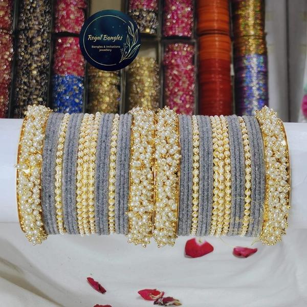 Traditional Velvet Chuda Bangles Set With Pearl Kada - Gray, 2.4
