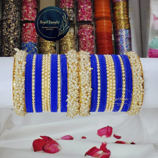 Traditional Velvet Chuda Bangles Set With Pearl Kada - Blue, 2.6