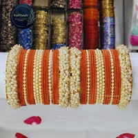 Traditional Velvet Chuda Bangles Set With Pearl Kada - Orange , 2.2