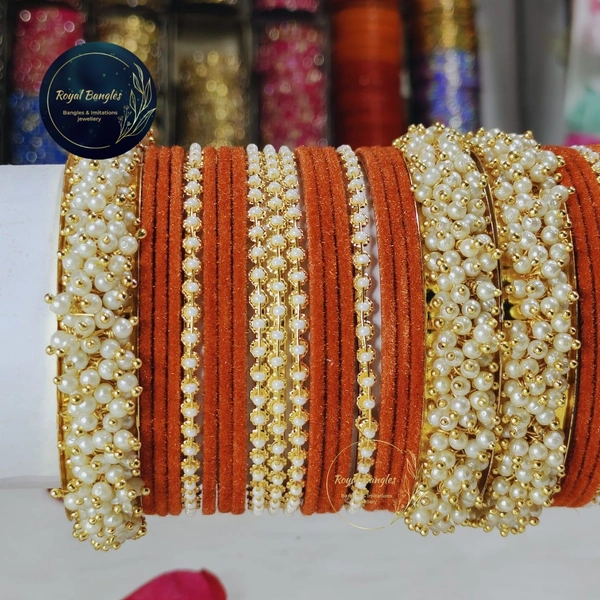 Traditional Velvet Chuda Bangles Set With Pearl Kada - Orange , 2.6