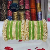Traditional Velvet Chuda Bangles Set With Pearl Kada - Green, 2.6