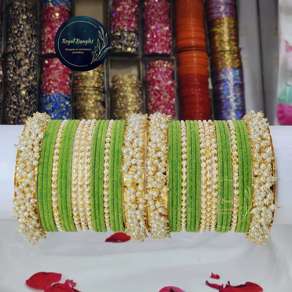 Traditional Velvet Chuda Bangles Set With Pearl Kada - Green, 2.6