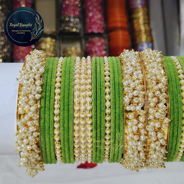 Traditional Velvet Chuda Bangles Set With Pearl Kada - Green, 2.6