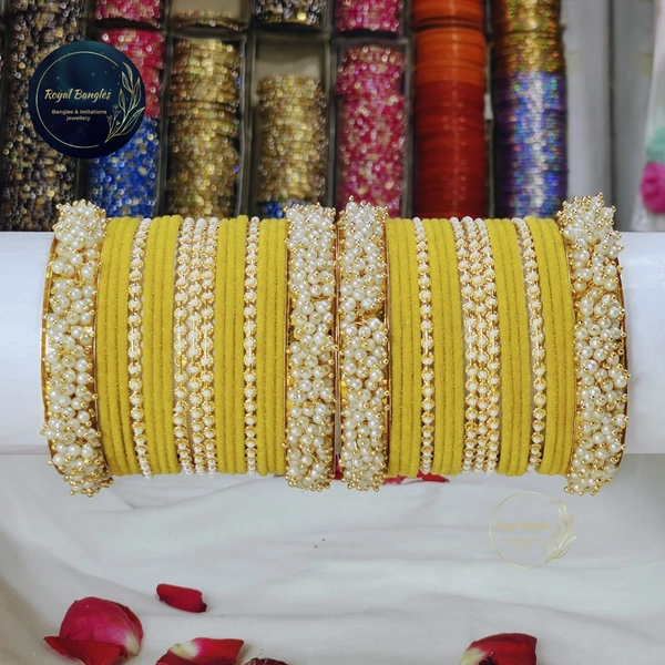 Traditional Velvet Chuda Bangles Set With Pearl Kada - Yellow , 2.2