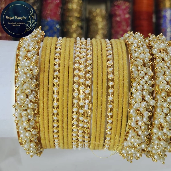 Traditional Velvet Chuda Bangles Set With Pearl Kada - Yellow , 2.4