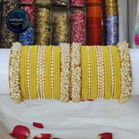 Traditional Velvet Chuda Bangles Set With Pearl Kada - Yellow , 2.4