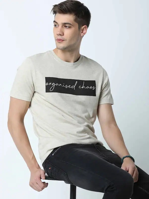 Huetrap - Men Beige And Black Printed Round Neck - XL