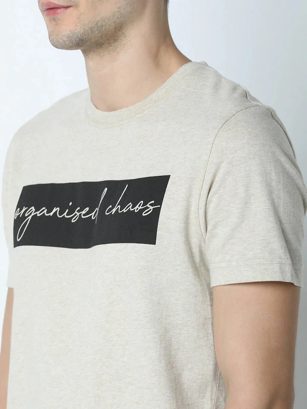 Huetrap - Men Beige And Black Printed Round Neck - XL