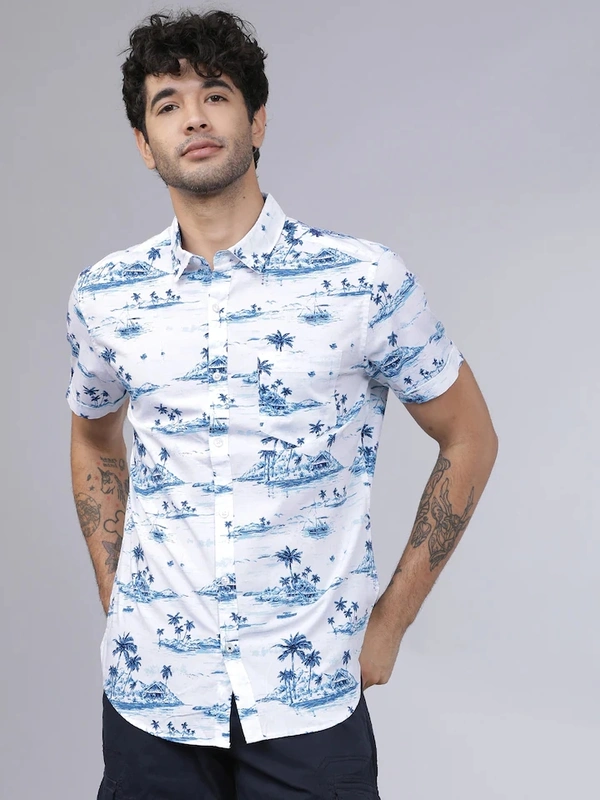 Highlander Casual Shirt For Men - white and blue printed, L