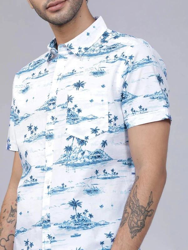 Highlander Casual Shirt For Men - white and blue printed, L
