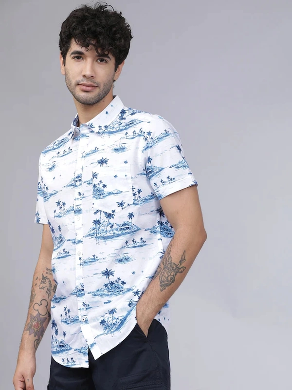Highlander Casual Shirt For Men - white and blue printed, L