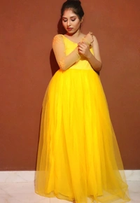 Purva's Closet Yellow Netted One Shoulder Full Sleeve Long Evening Gown - Yellow, S,M