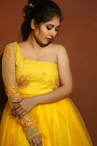 Purva's Closet Yellow Netted One Shoulder Full Sleeve Long Evening Gown - Yellow, S,M
