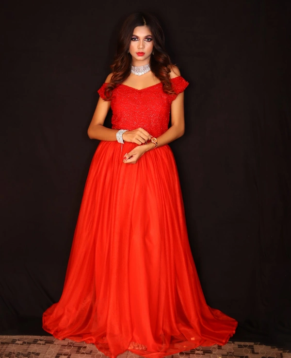 Purva's Closet Red Coloured Off- Shoulder Gown With Floor touch Length - Red, S,M