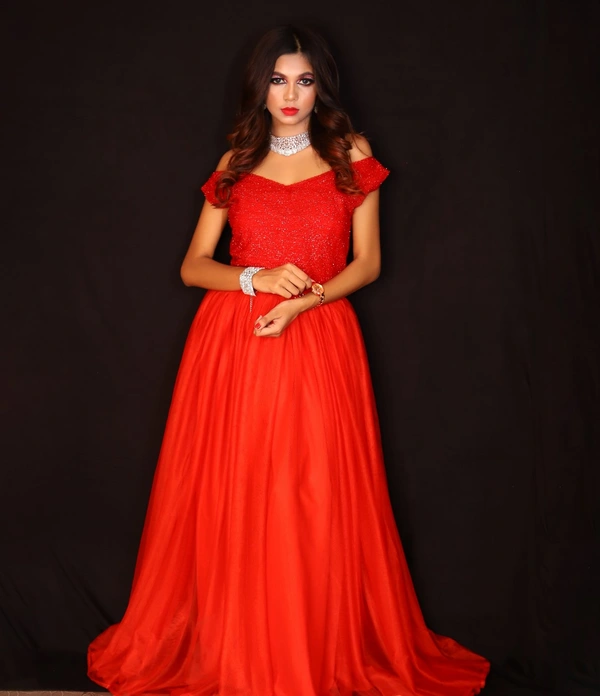 Purva's Closet Red Coloured Off- Shoulder Gown With Floor touch Length - Red, S,M