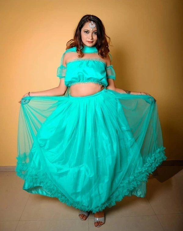 Purva's Closet Green Off-shoulder Choli With Lehenga And Dupatta - green, free-size