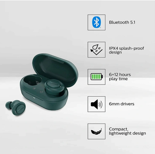 Philips Audio TAT1225 Truly Wireless Bluetooth Earbud/Headphones (TWS) with 18 Hours Playtime (6+12) IPX4, Voice Assistant, Noise and Echo Cancellation (Blue)70%off - black