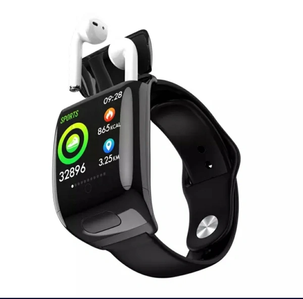 AppSmartwatch With Ear Buds Air Dots 2 In 1 Tow In One Sport Touch Bluetooth Airdots Airbuds In Bracelet Wristband Smart Watch  - Black