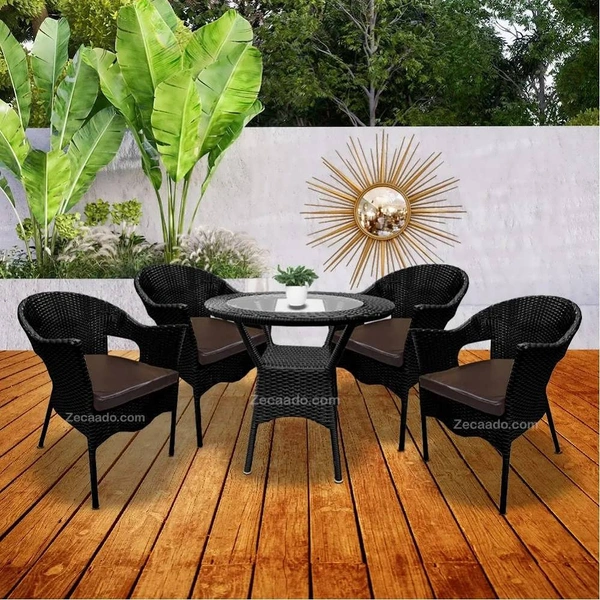 Zecado Aria 4 Seater Patio Dining Set with Brown Cushions in Black Corduroy Finish - Black, Black