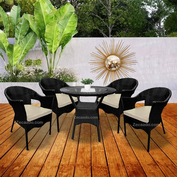 Zecado Aria 4 Seater Patio Dining Set with Off-White Cushions in Black Corduroy Finish - Black, Off-White