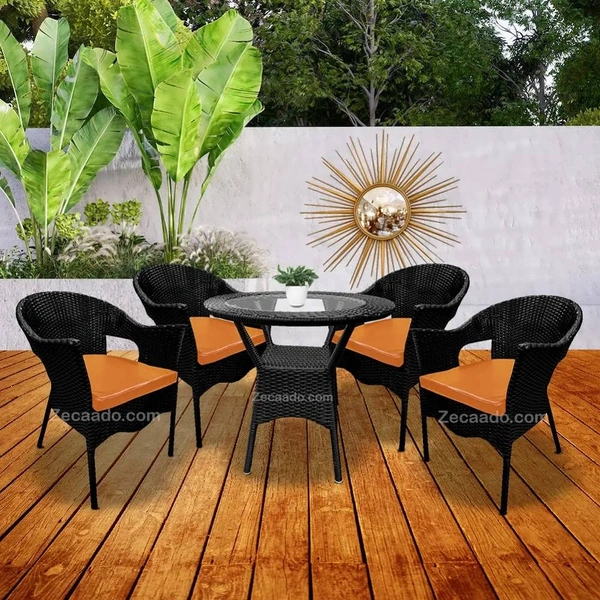 Zecado Aria 4 Seater Patio Dining Set with Orange Cushions in Black Corduroy Finish - Black, Orange