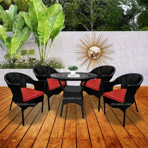 Zecado Aria 4 Seater Patio Dining Set with Red Cushions in Black Corduroy Finish - Black, Red