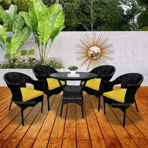 Zecado Aria 4 Seater Patio Dining Set with Yellow Cushions in Black Corduroy Finish - Black, Yellow
