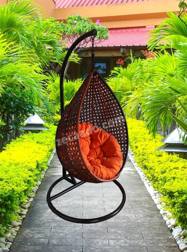 Zecado Bucket Swing Chair for Garden & Outdoor in Brown & Tan, Dual Tone with Orange Cushion - Brown