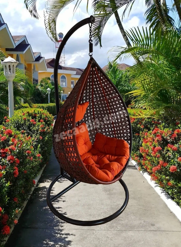 Zecado Bucket Swing Chair for Garden & Outdoor in Brown & Tan, Dual Tone with Orange Sofa Cushion - Tan