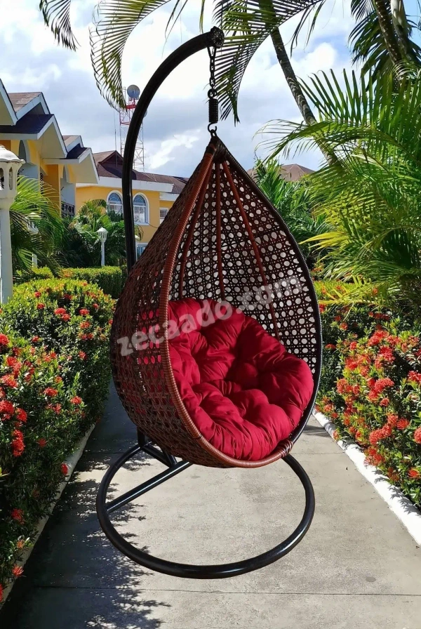 Zecado Bucket Swing Chair for Garden & Outdoor in Brown & Tan, Dual Tone with Red Cushion - Red