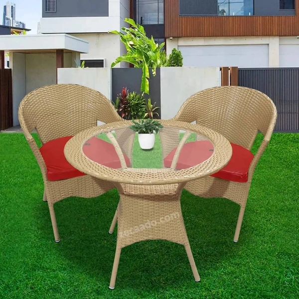 Zecado Carol 2 Seater Patio Dining Set with Red Cushions in Fawn Corduroy Finish - Fawn, Red