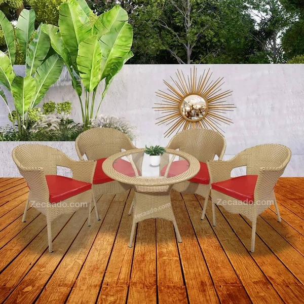Zecado Carol 4 Seater Patio Dining Set with Red Cushions in Fawn Corduroy Finish - Fawn, Red
