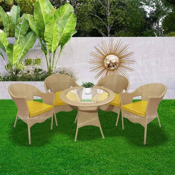 Zecado Carol 4 Seater Patio Dining Set with Yellow Cushions in Fawn Corduroy Finish - Fawn, Yellow