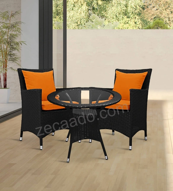 Zecado Elvis 2 Seater Wicker Lawn Chair Set in Black Corduroy Finish with Orange Cushions - Black, Orange