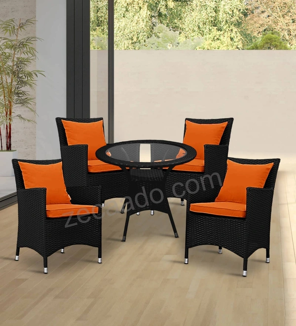 Zecado Elvis 4 Seater Wicker Lawn Chair Set in Black Corduroy Finish with Orange Cushions - Black, Orange