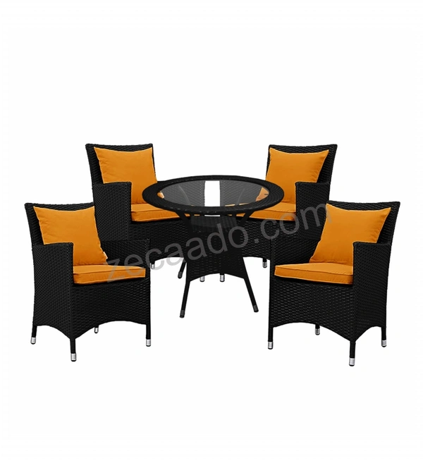 Zecado Elvis 4 Seater Wicker Lawn Chair Set in Black Corduroy Finish with Orange Cushions - Black, Orange