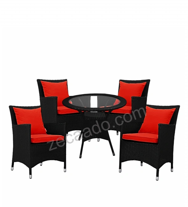 Zecado Elvis 4 Seater Wicker Lawn Chair Set in Black Corduroy Finish with Red Cushions - Black, Red