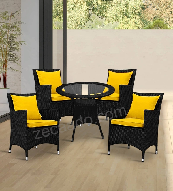 Zecado Elvis 4 Seater Wicker Lawn Chair Set in Black Corduroy Finish with Yellow Cushions - Black, Yellow