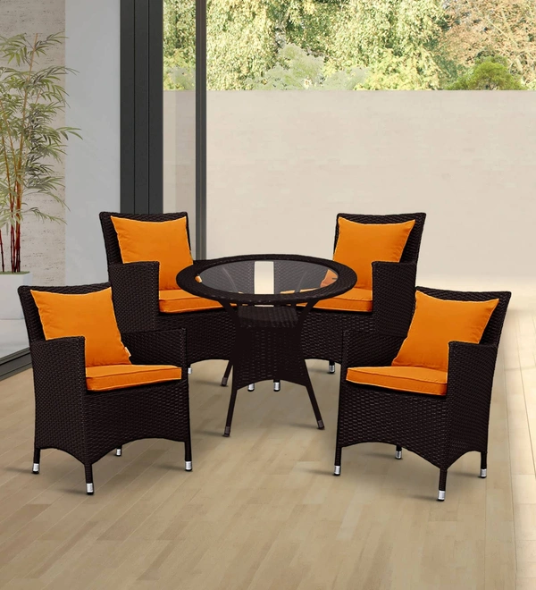 Zecado Elvis 4 Seater Wicker Lawn Chair Set in Brown Corduroy Finish with Orange Cushions - Brown, Orange