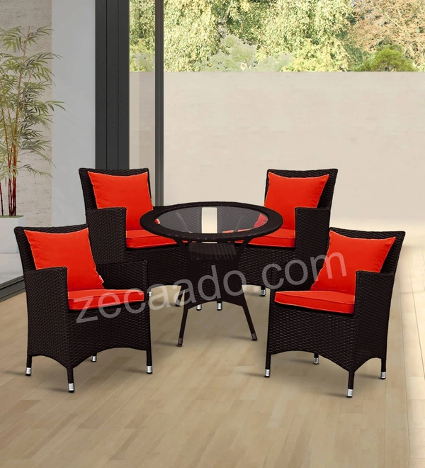 Zecado Elvis 4 Seater Wicker Lawn Chair Set in Brown Corduroy Finish with Red Cushions - Brown, Red