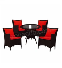 Zecado Elvis 4 Seater Wicker Lawn Chair Set in Brown Corduroy Finish with Red Cushions - Brown, Red