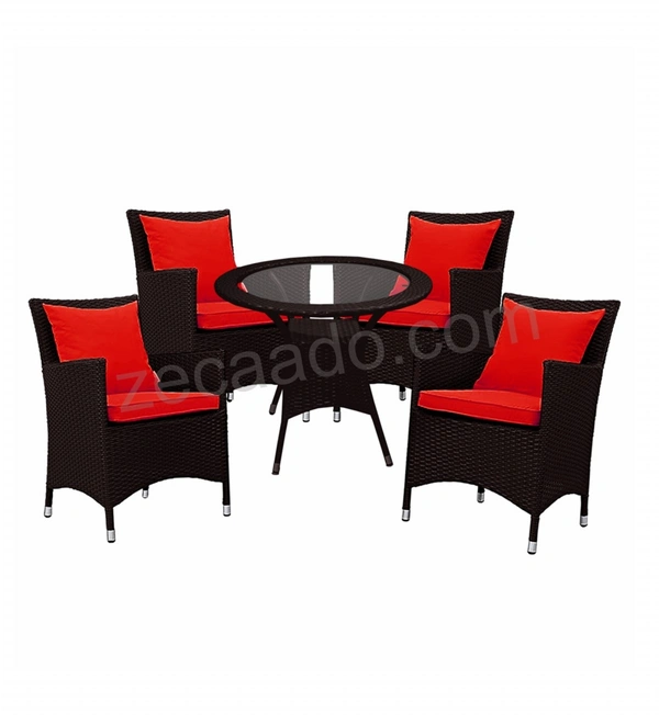 Zecado Elvis 4 Seater Wicker Lawn Chair Set in Brown Corduroy Finish with Red Cushions - Brown, Red
