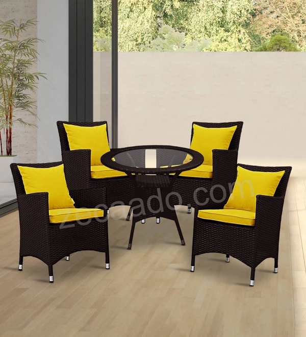 Zecado Elvis 4 Seater Wicker Lawn Chair Set in Brown Corduroy Finish with Yellow Cushions - Brown, Yellow